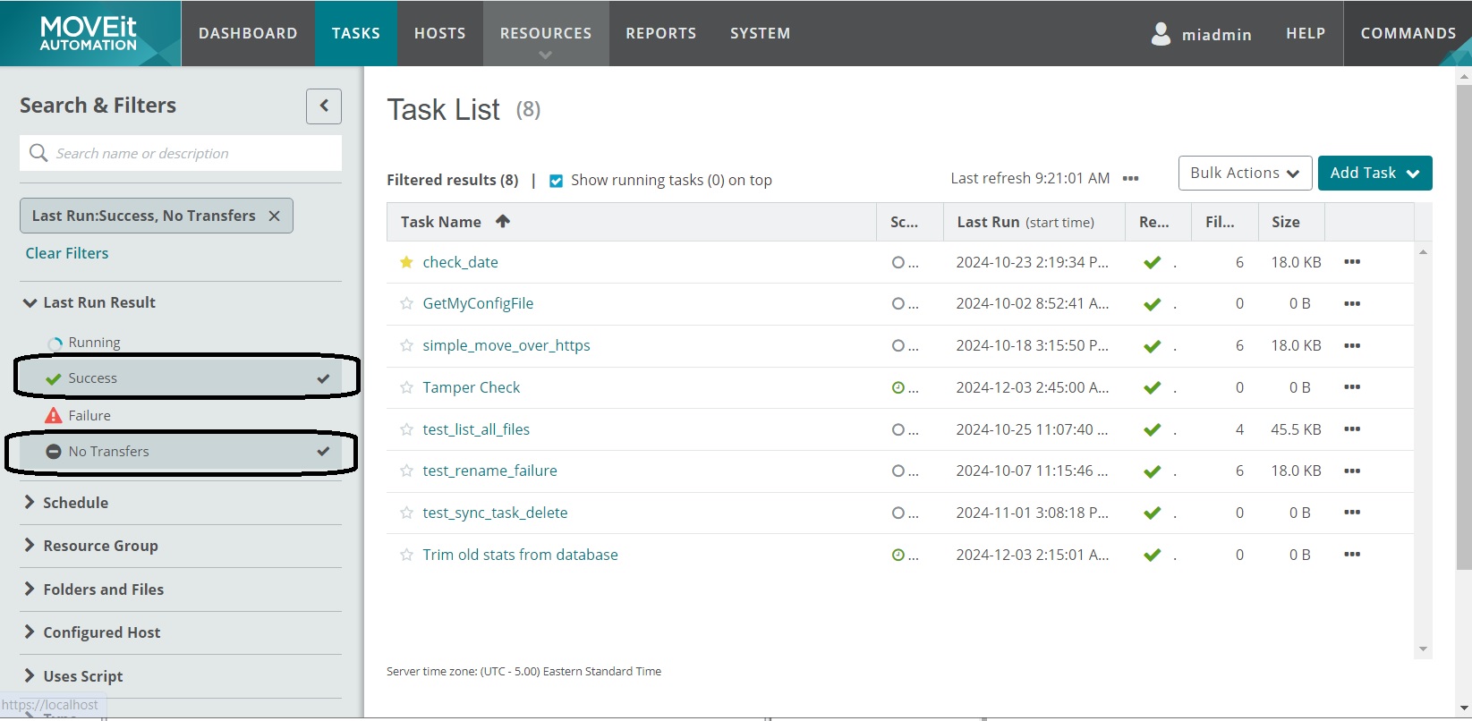 shows web admin task view with both success and no transfers filters enabled.