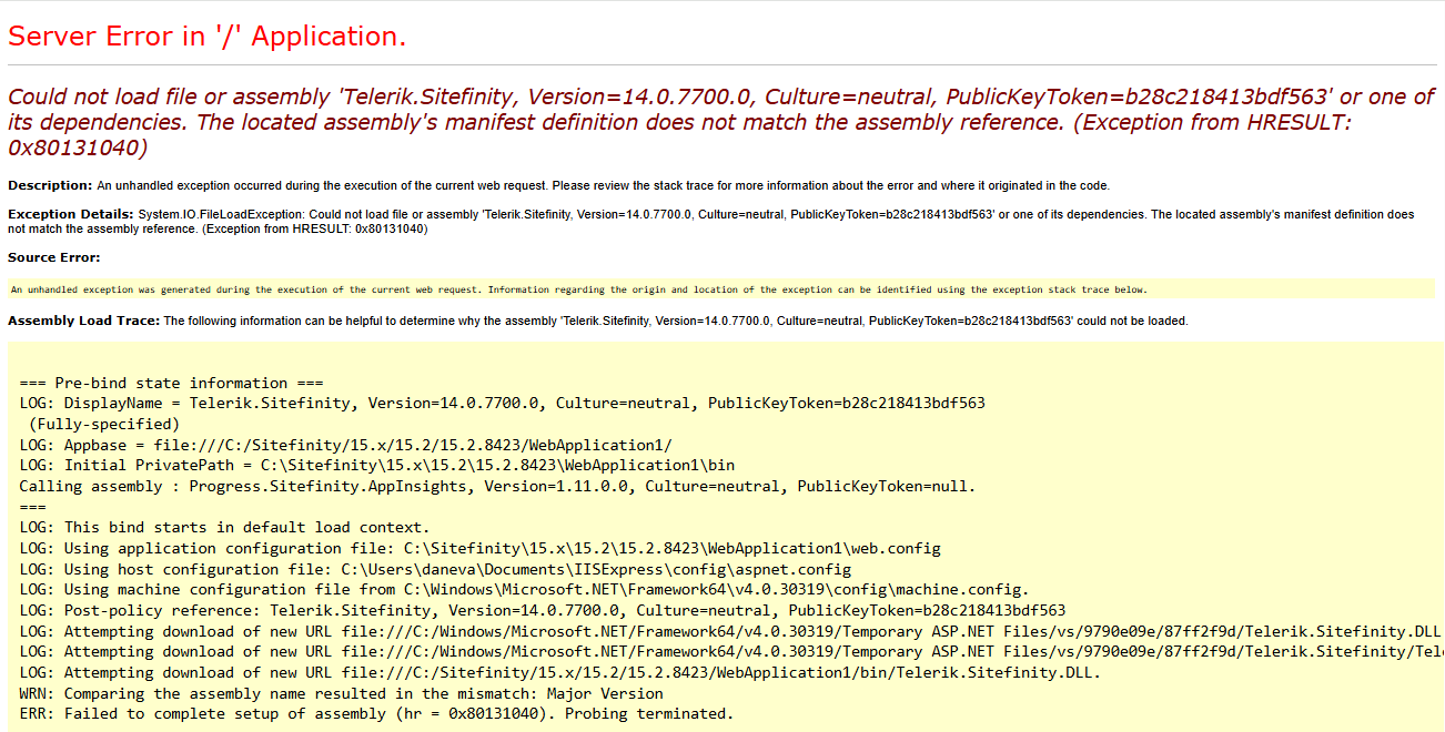 Assembly version mismatch error after installing Progress.Sitefinity ...