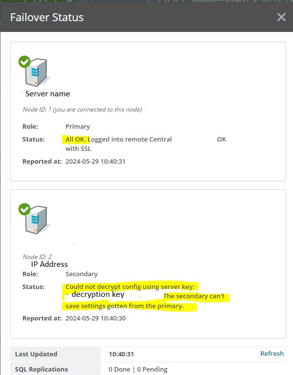 Secondary node is not able to decrypt the config file from the primary ...