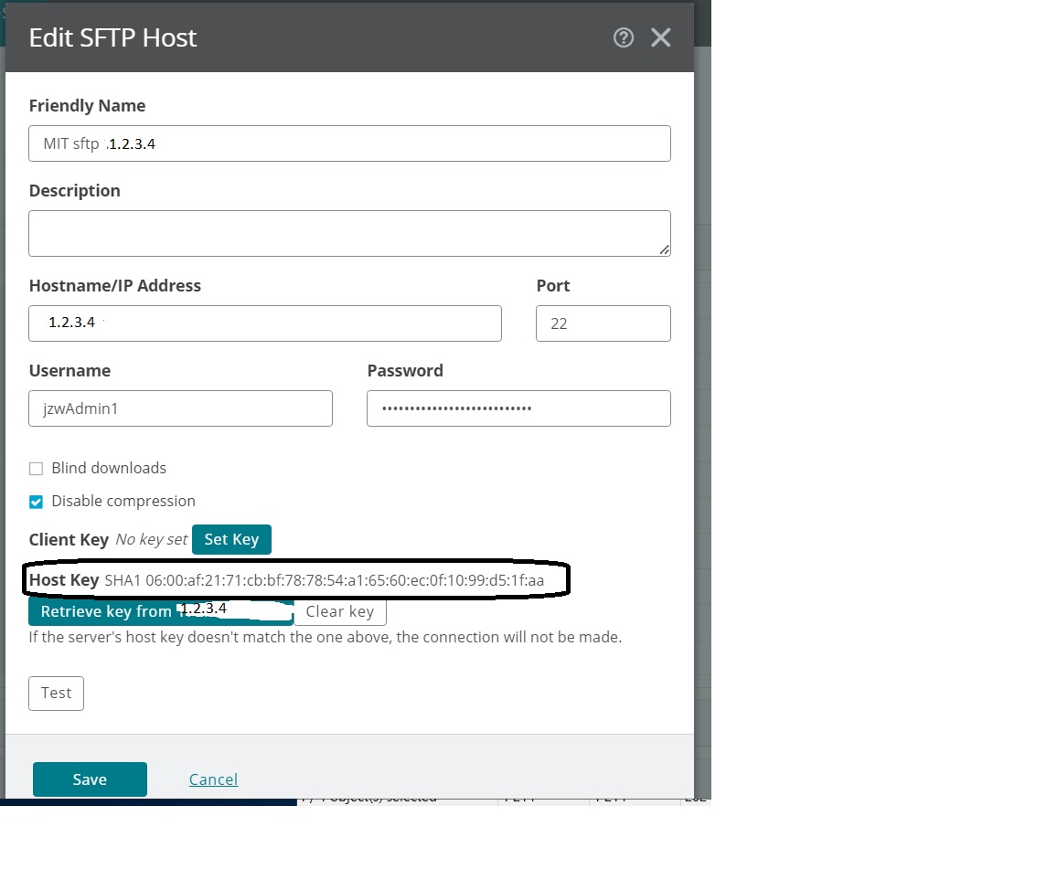 shows the Edit SFTP Host page where the fingerprint can be seen