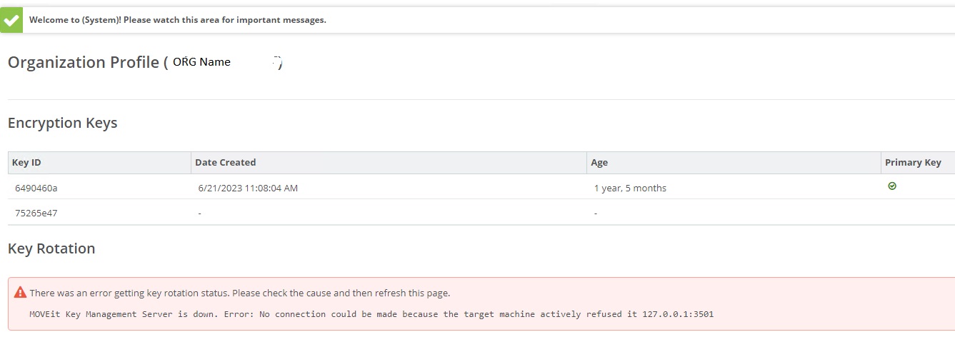 Shows the key management service error