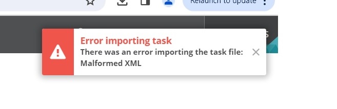 shows the error displayed when the taks fails to import