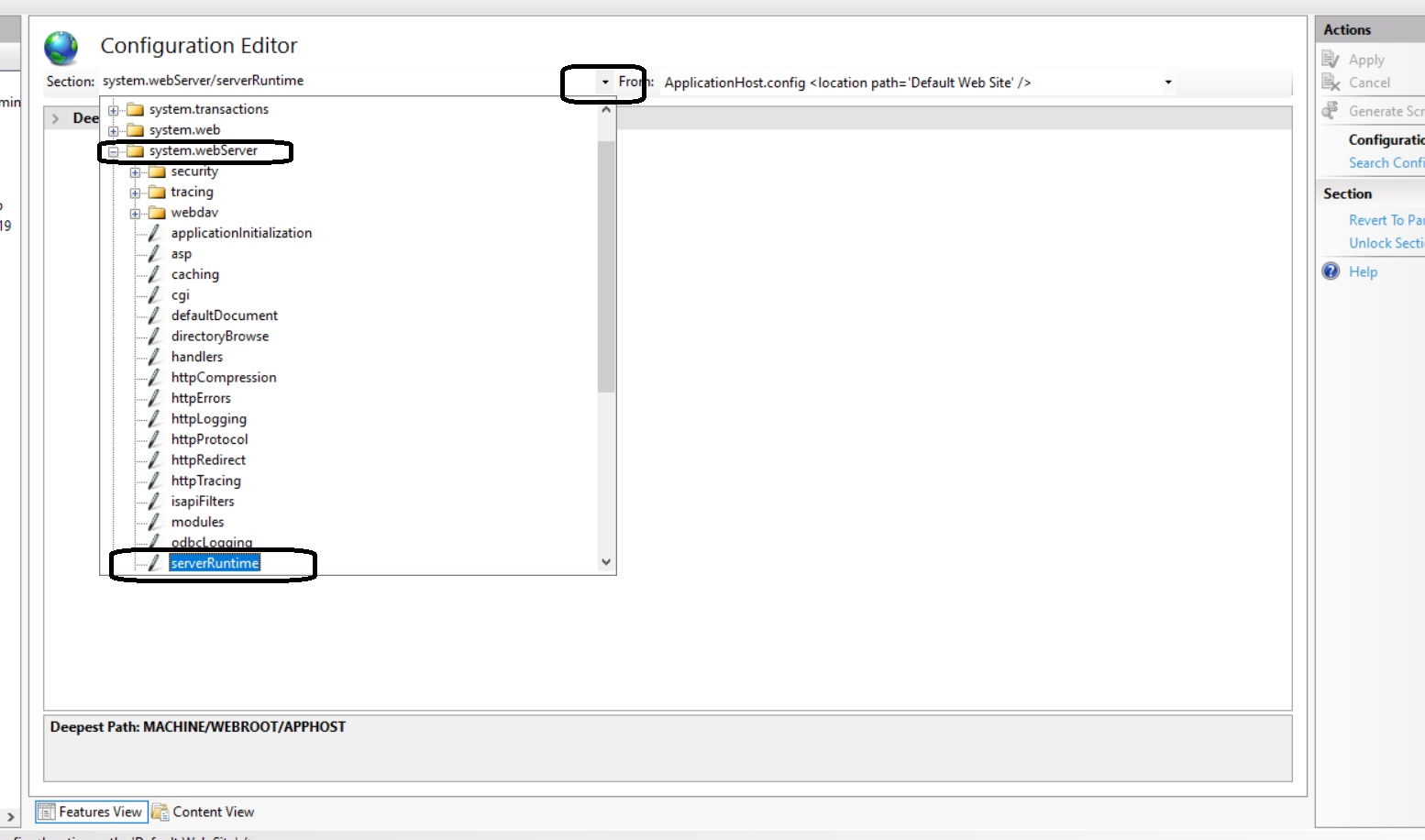 Shows the settings to select system.webServer and serverRuntime