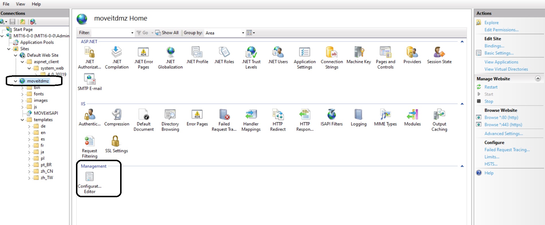 Shows the IIS page with the web site and Configuration editor button