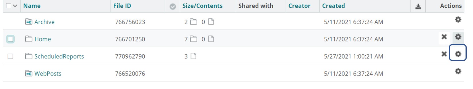 Shows selecting a folder and clicking the settings (gear) icon.