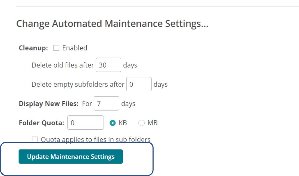 Shows available settings and the Update Maintenance Settings button.