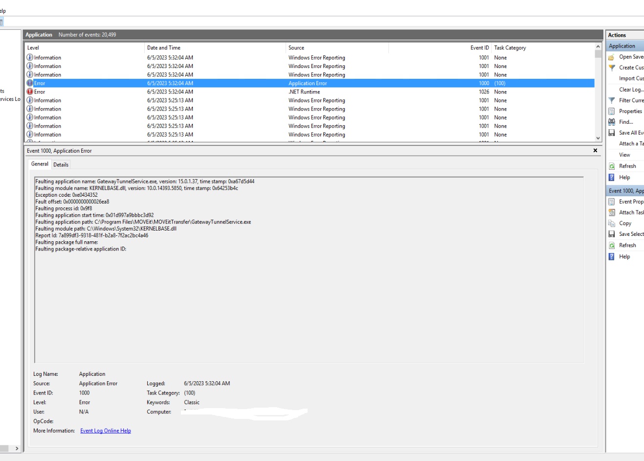 shows a gateway service crash in event viewer