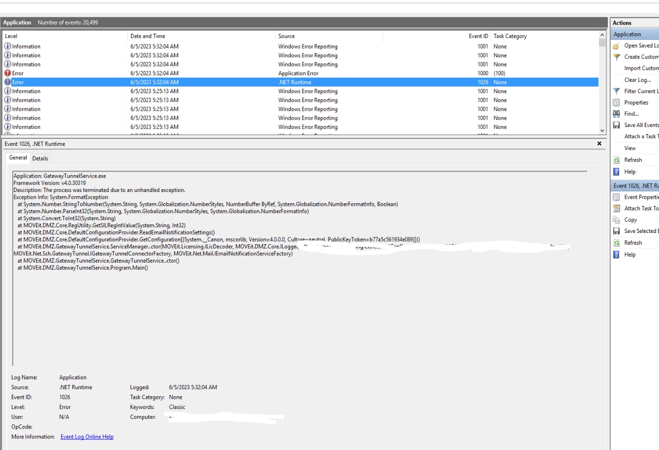 shows a gateway service crash in event viewer