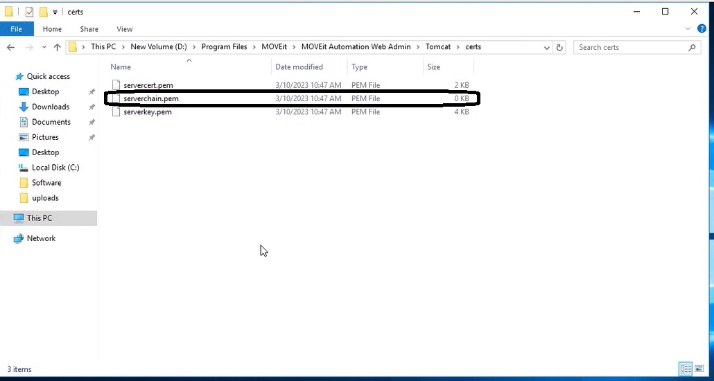 Shows the tomcat\certs folder with a 0 KB .pem file