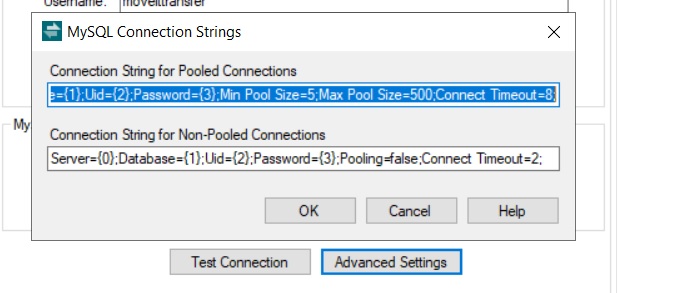 Shows the connections strings with default values