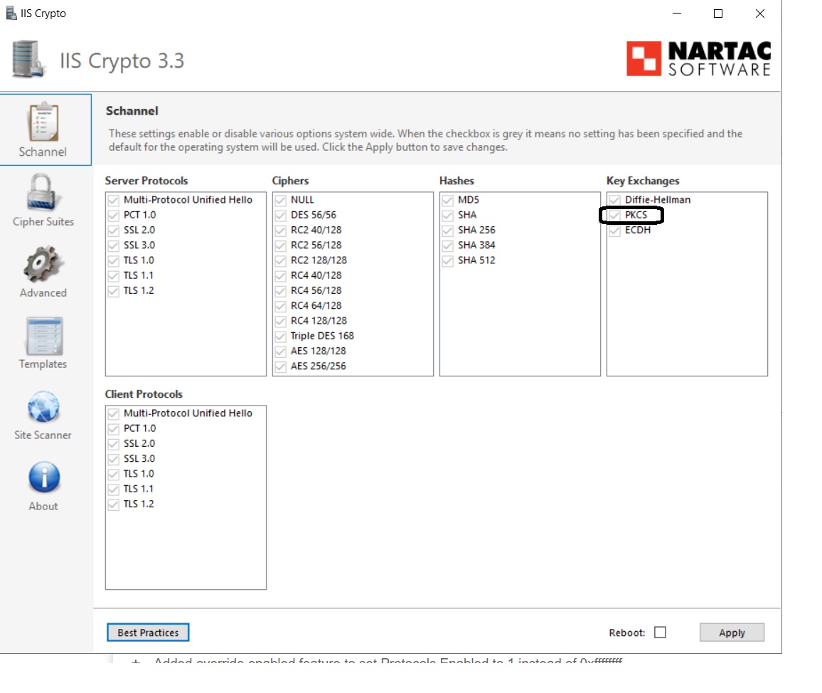 shows the IIS Crypto tool highlighting the PKCS key exchange attribute