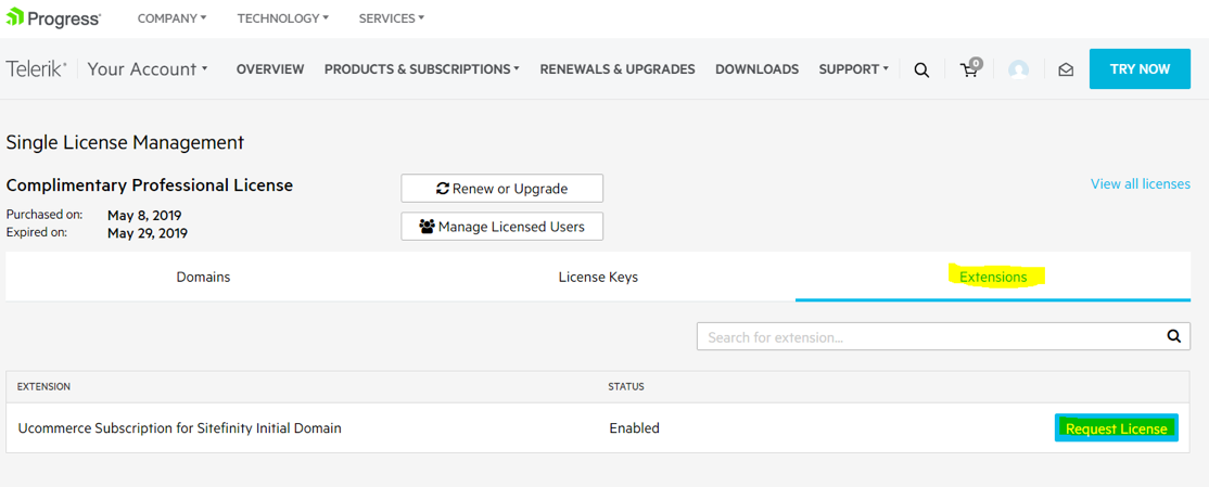 Request license button