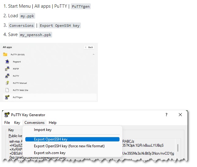 Shows the putty steps needed to reformat an ssh key file.